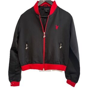 Rare Vintage Playboy Black Satin bomber jacket Red Accents silver hardware MED